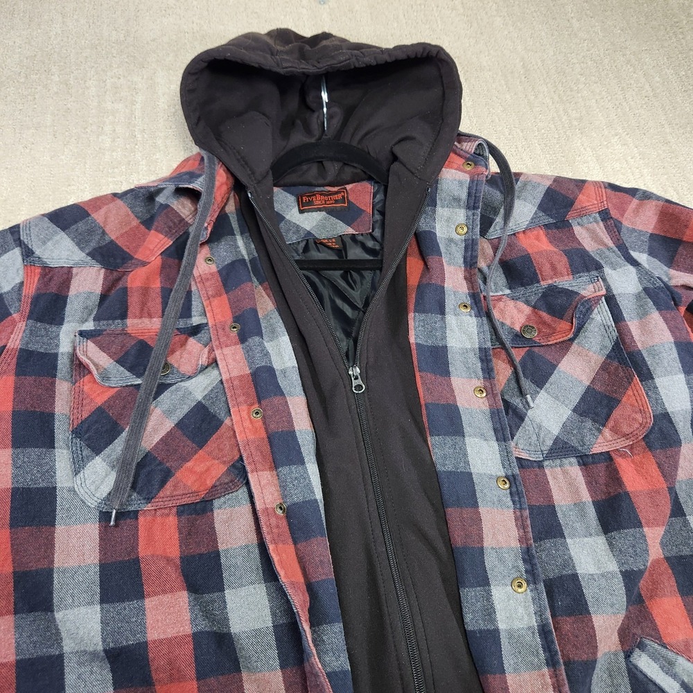 Five Brother Flannel Jacket Men Large Quilt Lined Insulated Hoodie Heavy Cotton